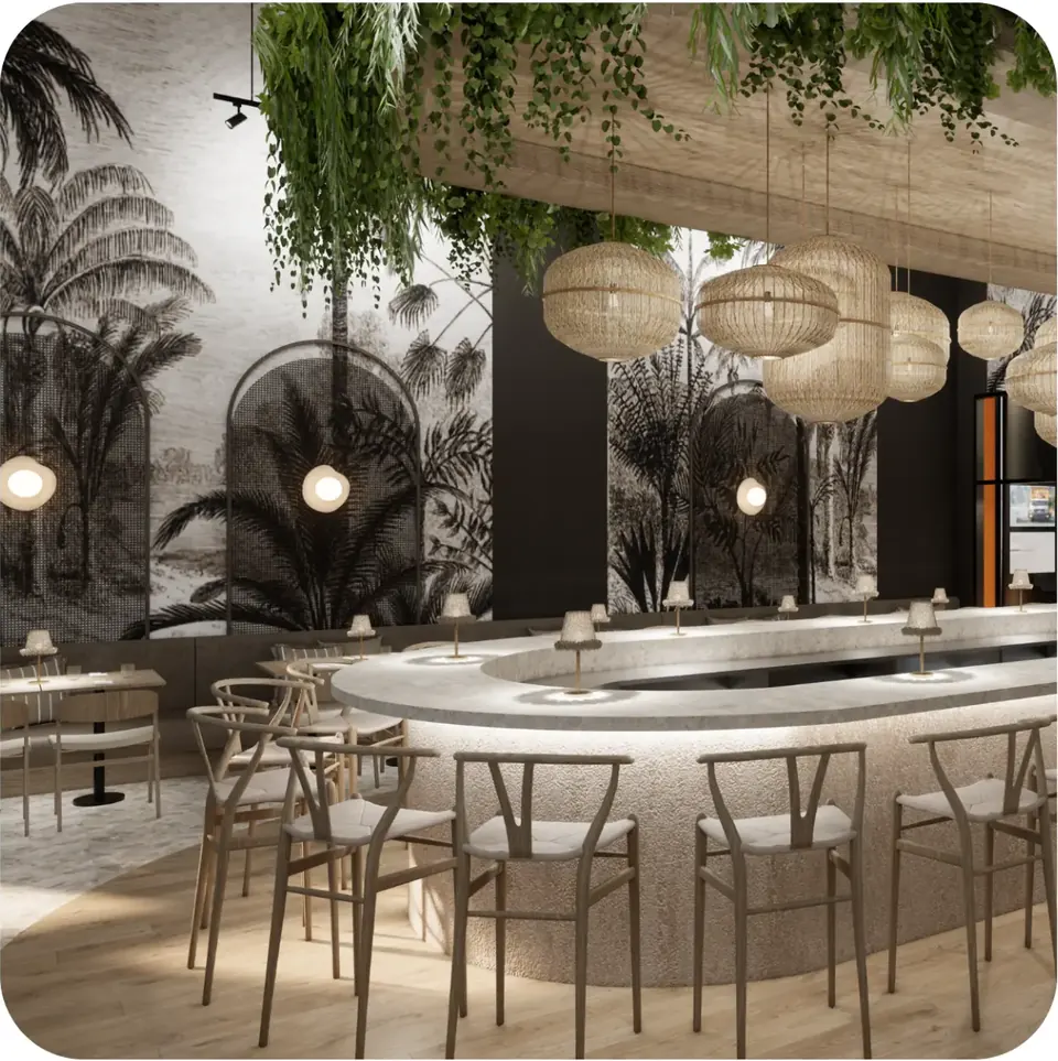 Bar central et luminaires en rotin