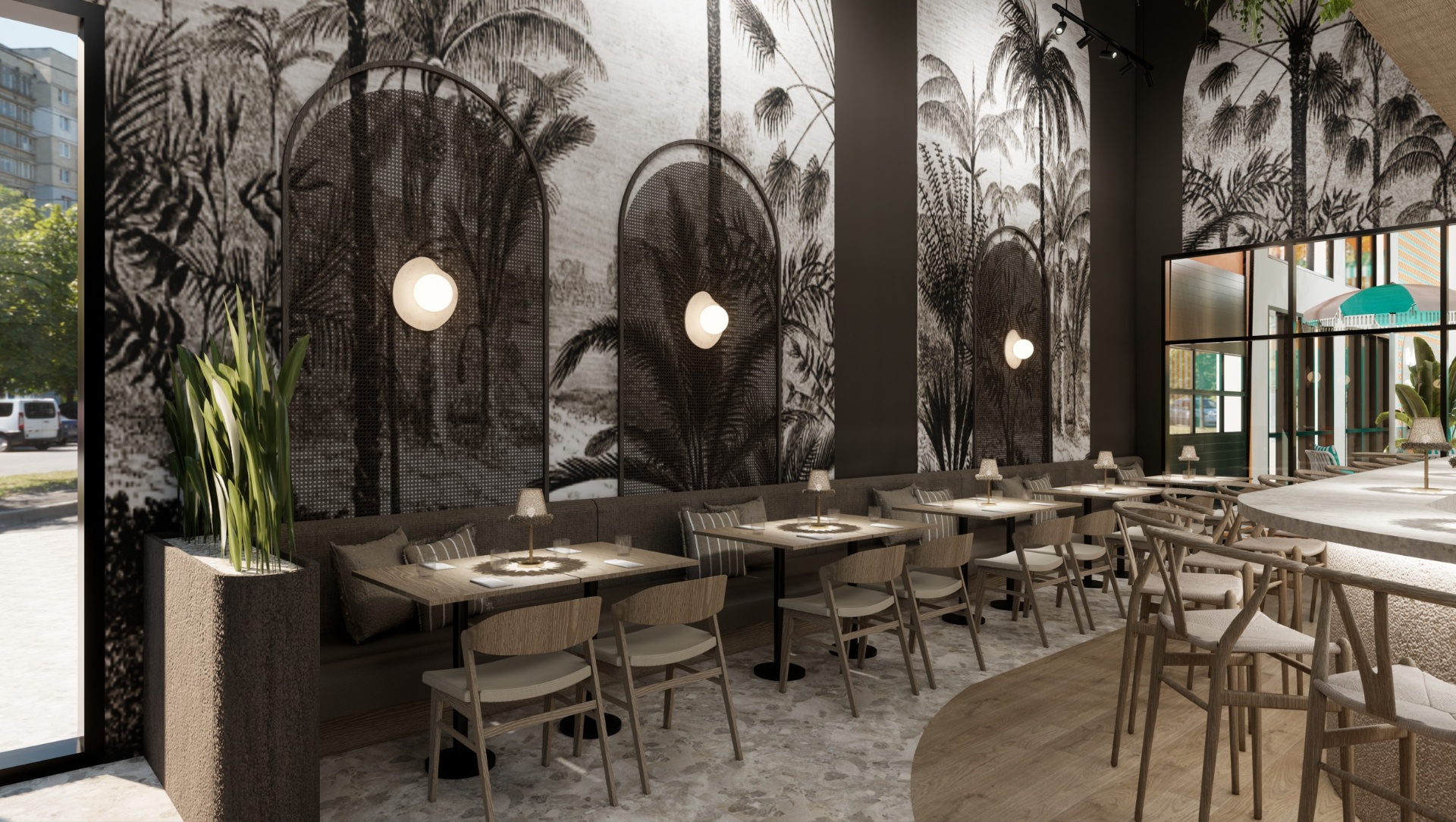 Banquettes et murales tropicales